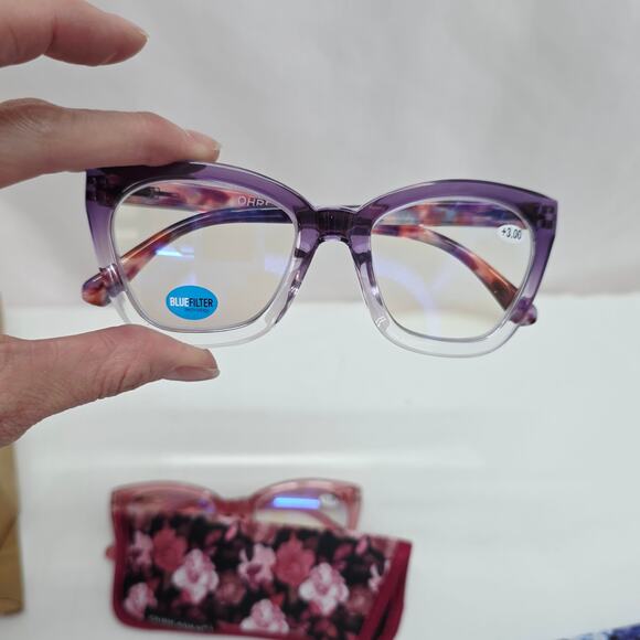 Women's 3 Pack Of Reading Glasses with Floral Cases +3.00 Blue Filter - Picture 8 of 10